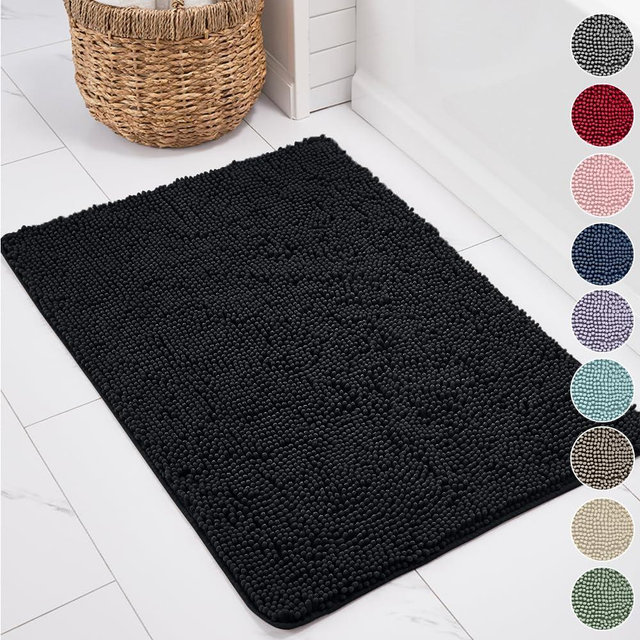 KANGAROO Bathroom Rugs, Chenille Soft Absorbent Bath Rug, Shaggy Shower Mat, Quick Dry Machine Wash Bathmat, Plush Carpet Mats for Tub, Bathtub and Room Home Decor Accessories, 30x20, Black