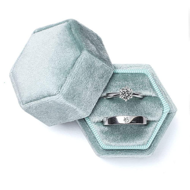 Velvet Jewelry Ring Box, Etercycle Hexagon Premium Gorgeous Vintage Double Ring Gift Box with Detachable Lid for Proposal Engagement Wedding Ceremony(Sage Green)