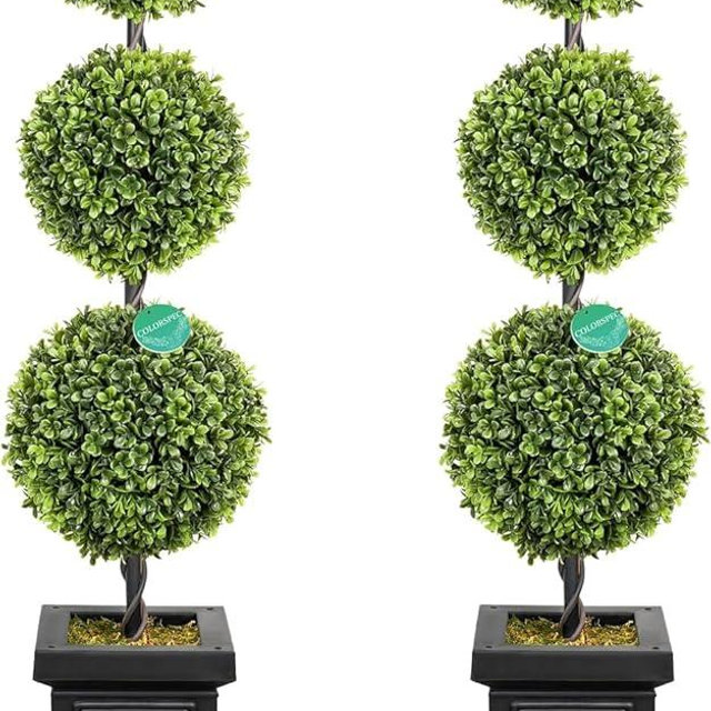 COLORSPEC 3.5ft Boxwood Outdoor Topiary Set of 2, Tall All Year Green Fake Plant Topiary Trees Artificial Outdoor Porch Trees with Sturdy Pot for Outdoor Indoor (Ball