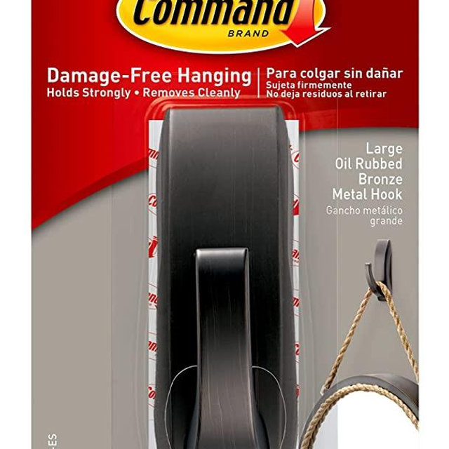 Command Large Modern Reflections Metal Hook, Oil Rubbed Bronze, 1-Hook, 2-Strips, Decorate Damage-Free
