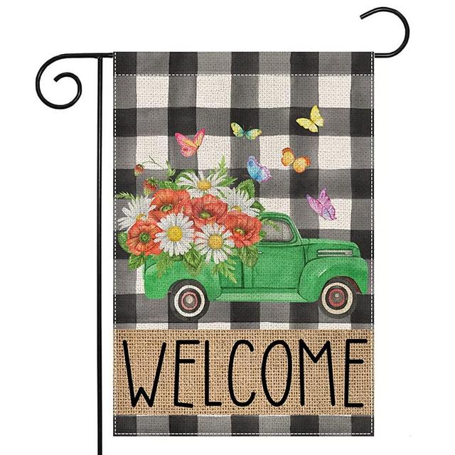 Summer Welcome Buffalo Plaid Garden Flag for Outside Truck with Daisy Butterfly Small Yard Flag for Outdoor Seasonal Spring Decoration for Farmhouse Holiday 12x18 Inch Double Sided