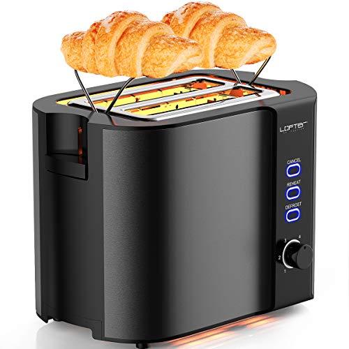 2 Slice Toaster, LOFTER Stainless Steel Bread Toasters with Warming Rack Best Rated Prime, Extra Wide Slots, 6 Bread Shade Settings, Defrost/Reheat/Cancel Function, Removable Crumb Tray, 800W, Grey