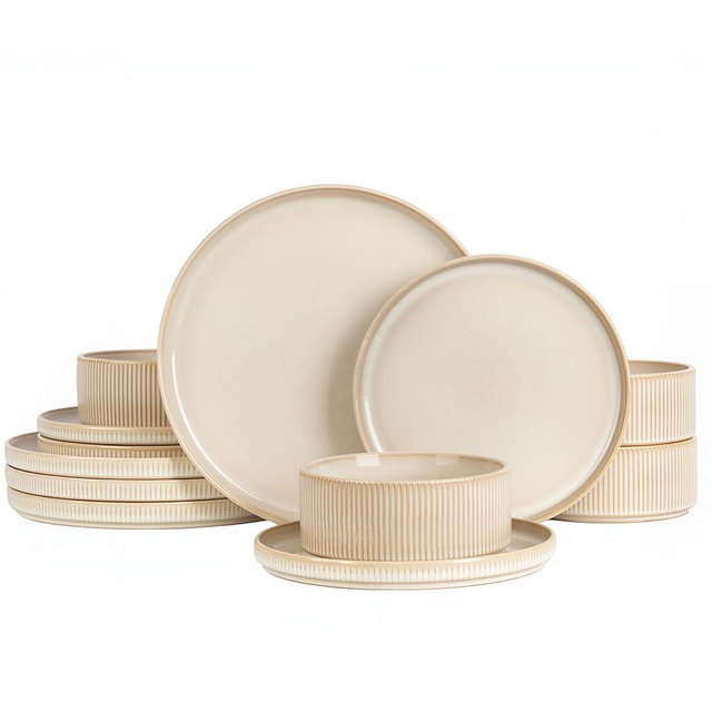 ALOFMO Stoneware Dinnerware Sets, Plates and Bowls Set for 4, 12-Piece Ribbed Dishes – Chip & Scratch Resistant, Microwave and Dishwasher Safe Tableware, Warm Off-White