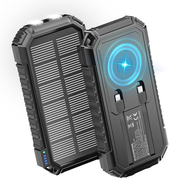 Riapow Solar Charger Power Bank, 27000mAh Wireless Portable Charger Built-in Cables, 22.5W Fast Charging Battery Bank with USB C in/Output, PD QC 3.0 Battery Pack Flashlights Outdoor (Black)