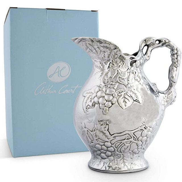 Arthur Court Metal Vineyard Pitcher Grape Pattern Sand Casted in Aluminum with Artisan Quality Hand Polished Design Tanish Free Water Jug for Hot/Cold Water, Ice Tea and Juice Beverage 10 inch Tall