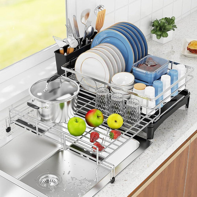 COHOSEGE Large Dish Drying Rack,Extendable Dish Rack with Cutlery Holder,Silver Dish Racks for Kitchen Counter,Stainless Steel Dish Drainers for Kitchen Counter,Over The Sink Drying Rack Kitchen