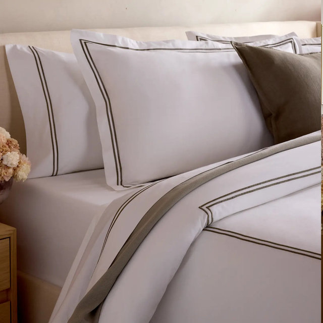 Organic Crisp Percale Embellished Deluxe Bedding Bundle - White/Dusty Olive, King