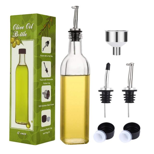 Aozita 17oz Clear Glass Olive Oil Dispenser Bottle - 500ml Oil Vinegar Cruet with Pourers and Funnel - Olive Oil Carafe Decanter for Kitchen