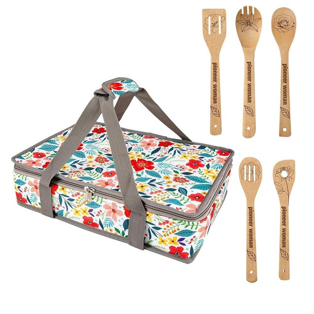 QEES Pioneer Woman Insulated Casserole Carriers for Hot or Cold Food+ 5 Cute Wooden Spoons .Pioneer Woman Kitchen Stuff.Pioneer Woman Kitchen Accessories,Gifts for Women