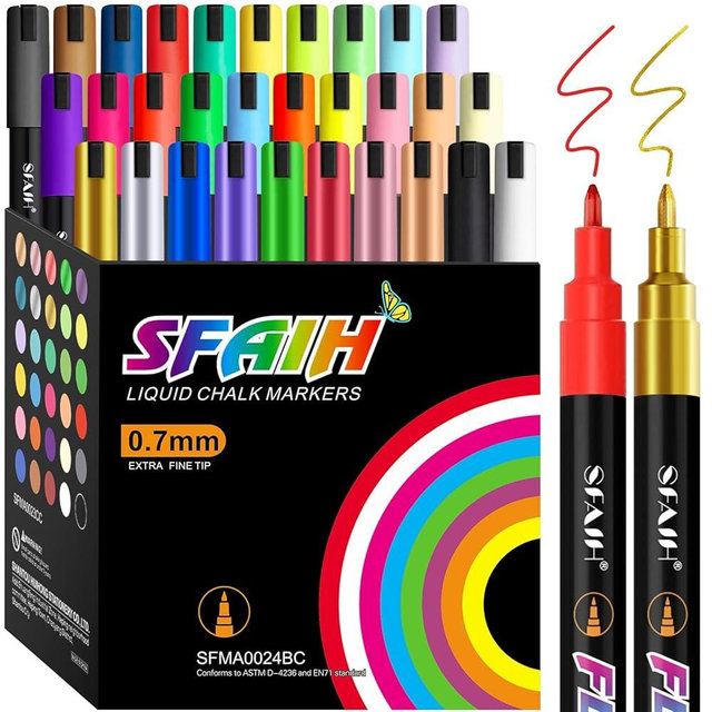 SFAIH Fine Tip Liquid Chalk Markers for Bhalkboard [1-Second Wet Wipe], 0.7-1mm 30 Colors (8 Metallic) Chalk Pens for Chalkboard, Calendar, Windows, Glass, Signs, Non-Toxic, 0 Dust Chalkboard Markers