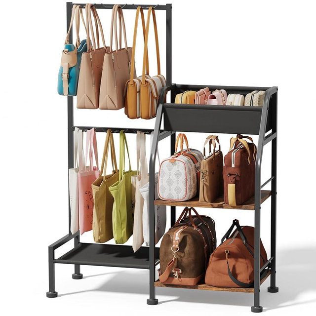 Homsorout Purse Organizer for Women - 3-Tier Storage Stand & 12 Fixed Hooks, Visible Backpack Storage, Space-Saving Bag Organizer Rack for Home, Closet, Black