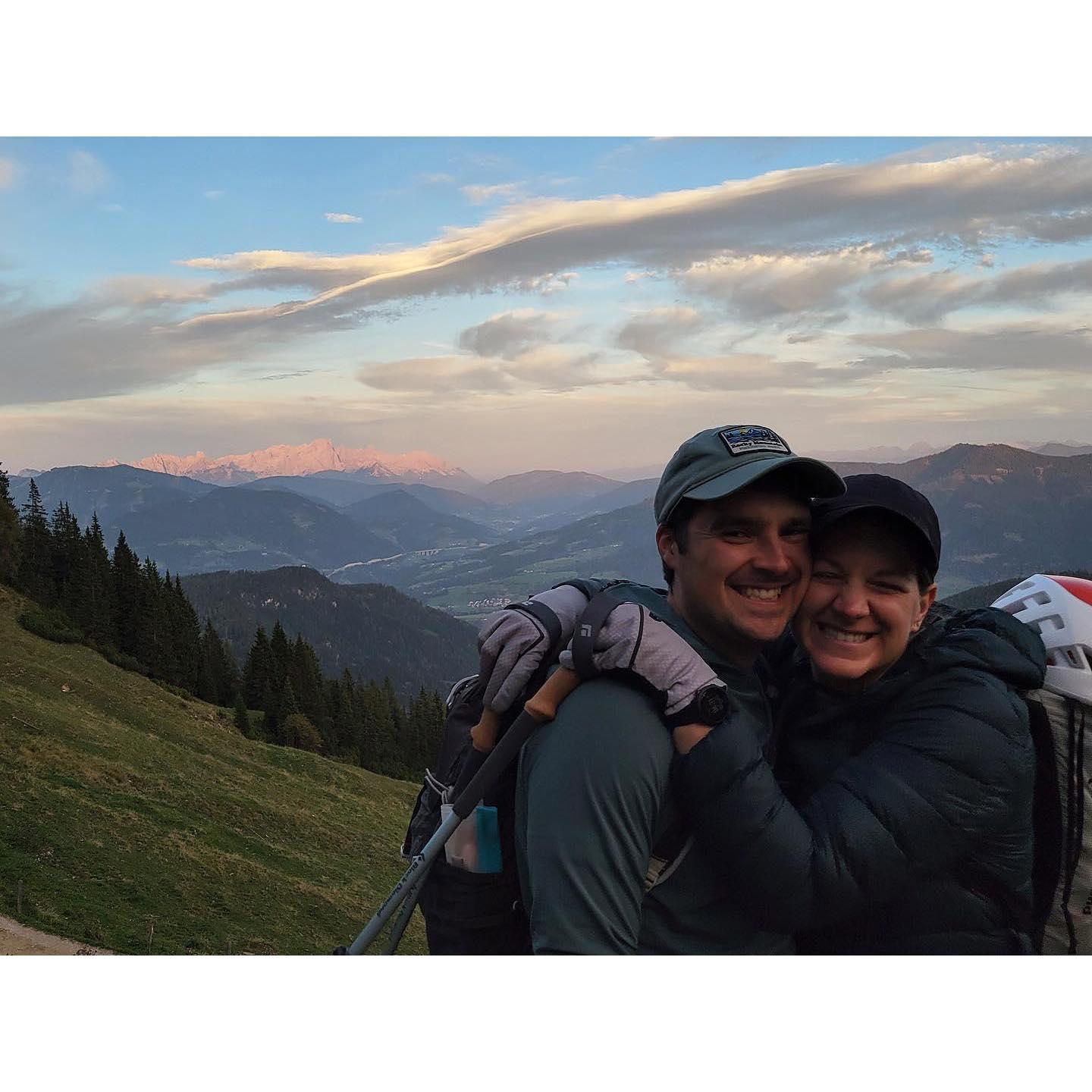 At the end of the trail after our biggest mountain adventure yet - hiking to and climbing Das Lieben Ist Schon in Austria