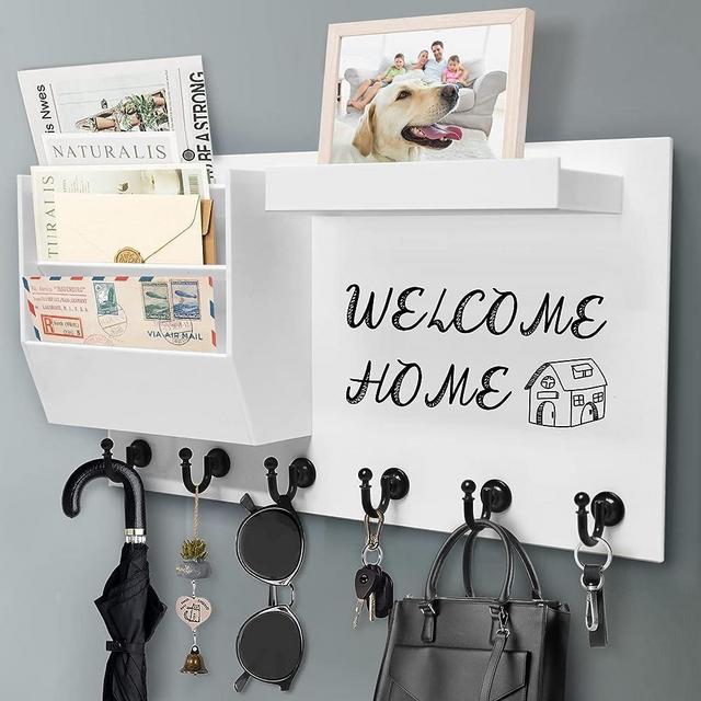MAKUANG Key and Mail Holder for Wall, Hanging Acrylic Mail Organizer Wall Mount with Whiteboard Shelf Key Hooks, Entryway Decorative Letter Holder Adhesive Key Hanger Rack, White