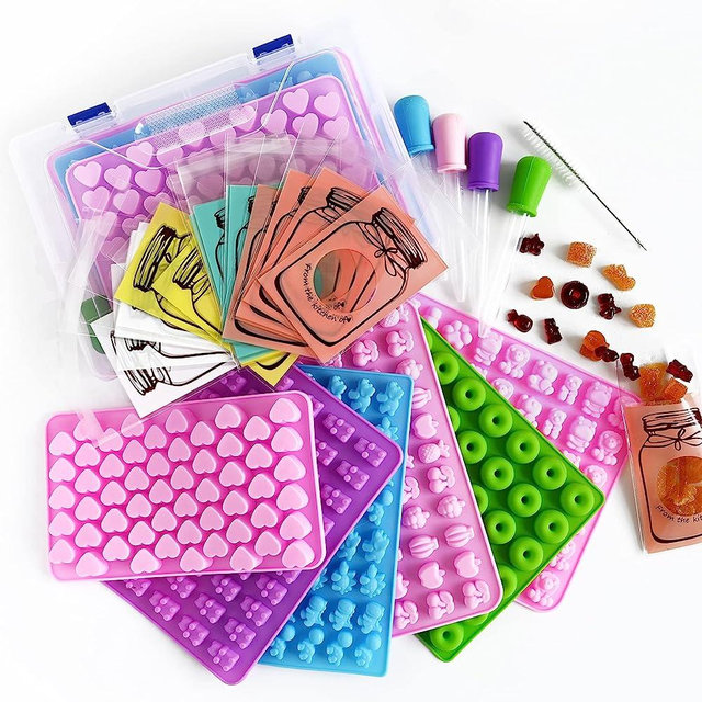 Gummy Molds Bear Candy Silicone 32PCS SET, 18 Shapes for 327 Candies, With 4 Droppers, Clean Brush, Storage Box, 20 Bags, Including Love Dinosaur Mini Donut Fruit Animals Shaped Nostick Jello Fun Mold