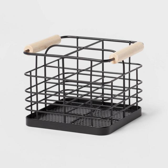 Divided Wire Caddy Basket with Wood Handle Black - Brightroom™