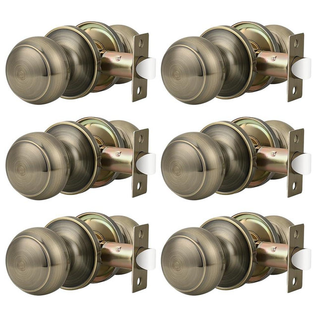 Probrico 6 Pack Door Knobs Interior Antique Brass, Closet Door Knobs No Lock, Keyless Passage Door Handles