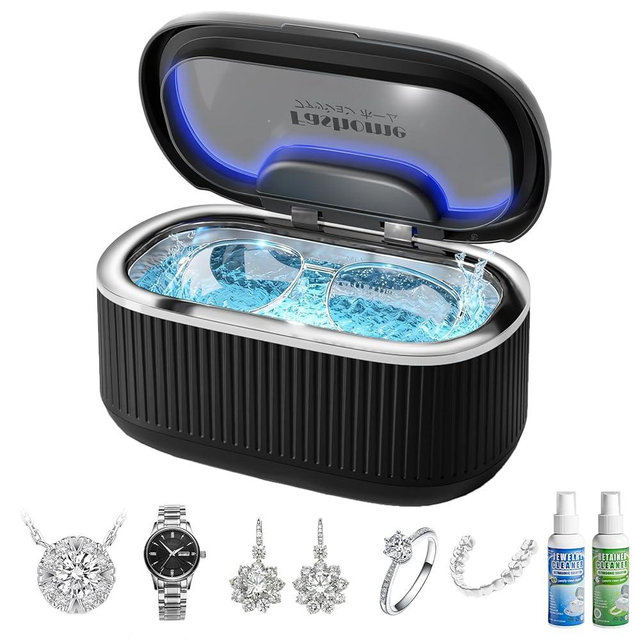 Ultrasonic Jewelry Cleaner Machine with 2×100ml Cleaning Solution, 45kHz Sonic Cleaner for Rings, Glasses & Watch Band, 550ML Stainless Steel Tank, 5 Timer, 3 Power Levels, Degas Mode-Black