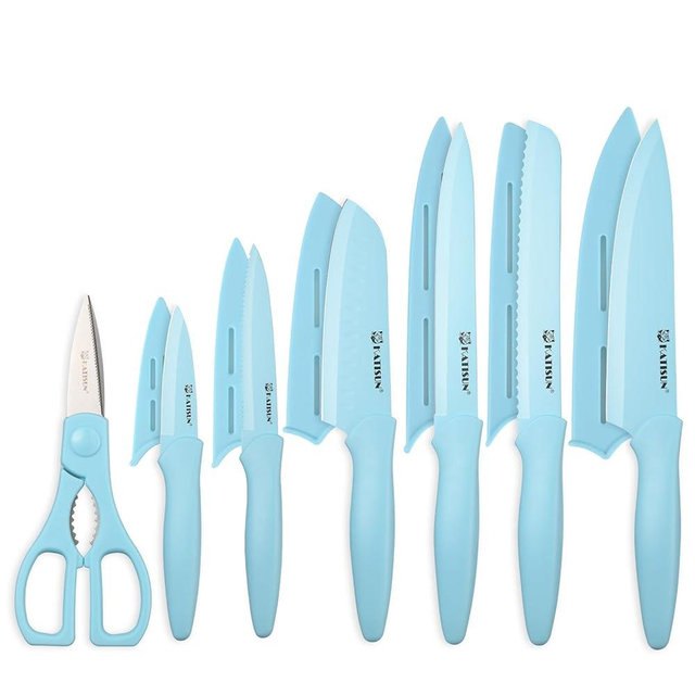 KATISUN Kitchen Knife Set with Guards, 13 Piece Blue Non-Stick Stainless Steel Boxed Knives Set, Anti-Rust and Dishwasher Safe, 6 Knives with 6 Blade Covers and Kitchen Shears