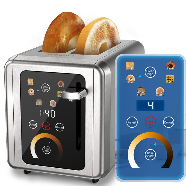 WHALL 2 Slice Toaster, Touchscreen & Dual Independent Control Panel，Smart Bread Toaster,Stainless Steel Smart Bread Toaster, 5 Basic Functions