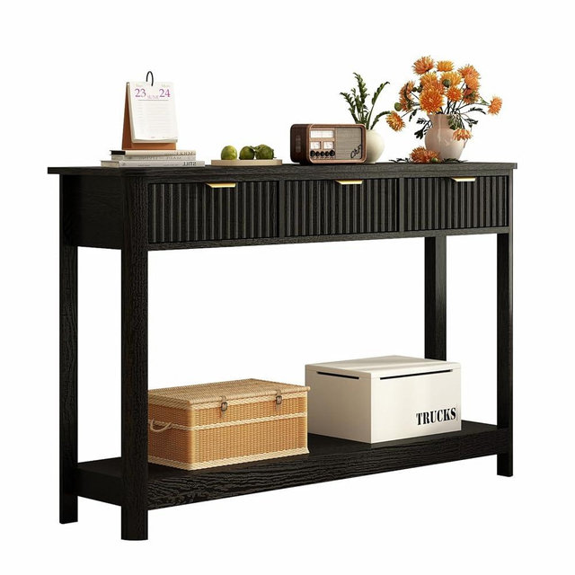 RUSTOWN Fluted Wood Console Table with 3 Drawers, Boho Narrow Behind Couch Entryway Table with Open Storage Shelf, Modern Sofa Table for Living Room, Foyer and Hallway (Black)