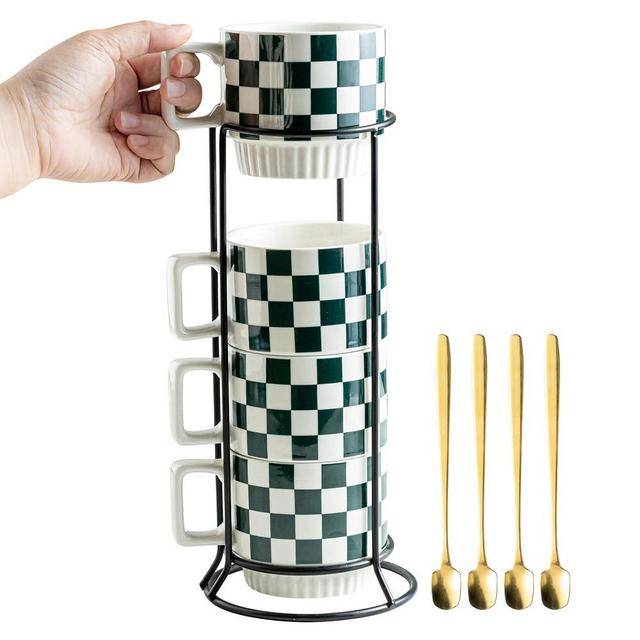 Miamolo Stackable Coffee Mugs with Stand, Checkered Coffee Mug Set of 4, 11oz Espresso Cups for Beverages, Stacked Mug Set with Spoons for Housewarming Birthday Gift, Dishwasher Safe