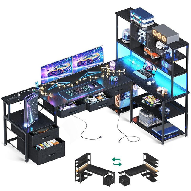 AODK 79 inch L Shaped Desk with File Drawers, Reversible L Shaped Gaming Desk with Power Outlets & LED Lights, Computer Desk with Storage Shelves for Home Office, Black