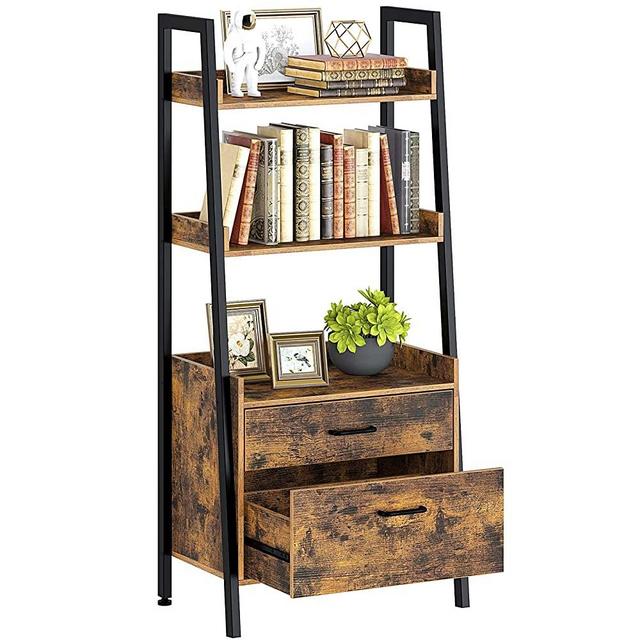 Rolanstar Ladder Shelf with 2 Drawers, 3 Tier Ladder Bookshelf, Wood Utility Organizer Shelves with Metal Frame, Freestanding Display Bookcase for Living Room, Home Office, Rustic Brown