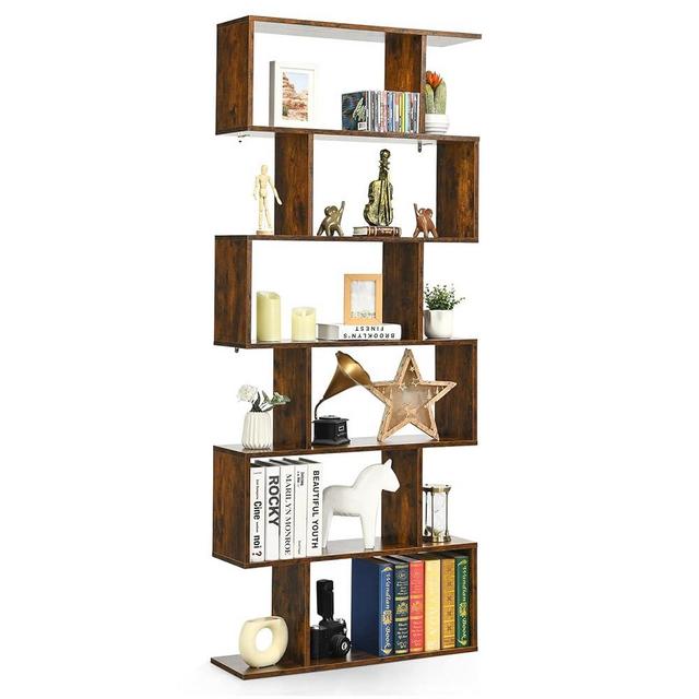 Tangkula 6 Tier S Shaped Bookshelf, 31.5''L x 9''W x 75''H, Wooden Bookcase and Bookshelves w/Anti-Toppling Device, Room Divider Display Shelves for Living Room, Home Decor, 6 Shelf Bookshelf