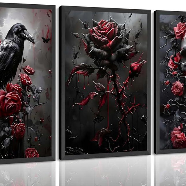 3Pcs Gothic Poster Wall Art Dark Academia Halloween Vintage Painting Picture Wall Decor Horror Atmosphere Black Red Rose Flower Crow Skull Canvas Print Artwork for Living Room Bathroom Home Decoration