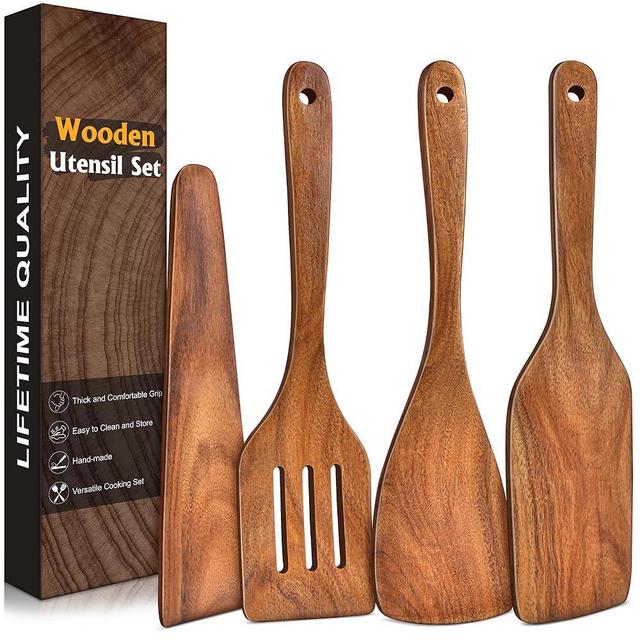 4Pcs Wooden Spatula for Cooking, Acacia Wooden Spatula for Kitchen Use, Nonstick Cookware Safe Utensils Set including Turner, Slotted Turner, Paddle and Scraper, Ideal Cooking Utensils Gift Set