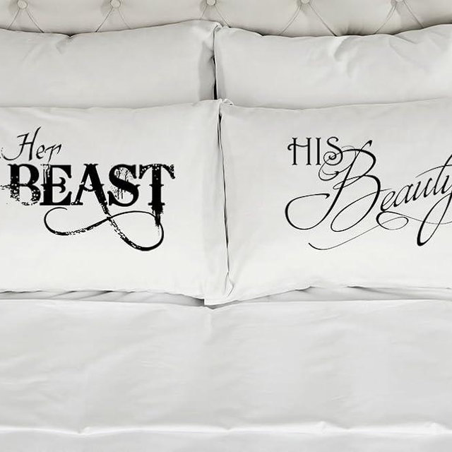 Set of 2 Standard/Queen Her Beast His Beauty Couples Pillowcases