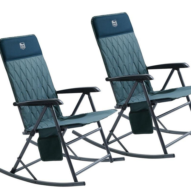 TIMBER RIDGE Adjustable Rocking Camping Chair, Padded High Back Outdoor Rocking Chair with Side Pocket, Portable Folding Rocker Chair for Adults, Supports 300 LBS for Lawn Patio Porch, Blue-2 Pack