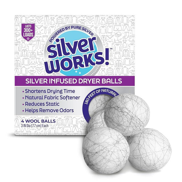 SilverWorks! Wool Dryer Balls Laundry Reusable - Odor Eliminating Dryer Laundry Balls with Silver Technology - Natural Fabric Softener and Static Reducer, Reduce Drying Time and Energy Costs - 4 Pack