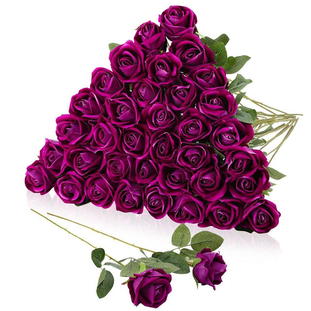 Hoemwarm 36 Pcs Dark Purple Velvet Artificial Flowers, Realistic Fake Roses Bulk for Wedding Arch, Bouquet Making, Centerpieces