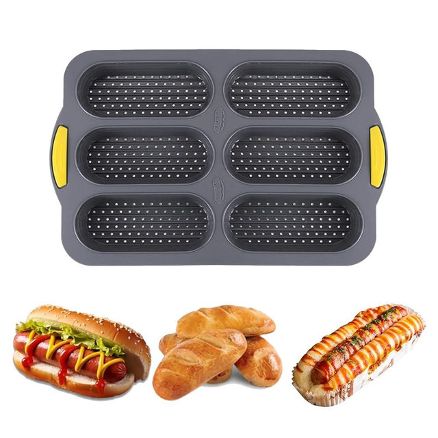 6-Cavity Silicone Baguette Bread Pan, Non-stick French Bread & Hot Dog Bun Mold, Foldable Loaf Pan Baking Tool for Hoagie Homemade Rolls, Dishwasher Safe,Easy Release, Local Stock- 1 Pack Gray