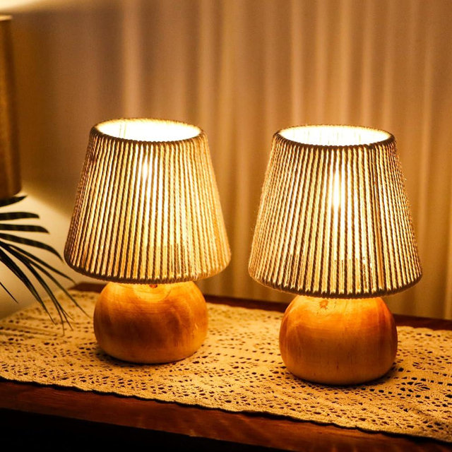 TRIROCKS Set of 2 Woven Cotton Rope Table Lamp - 8'' Tall Cordless Lamps with Wooden Base Boho Lamps Great for Living Room Bedroom Weddings Parties Patio Events