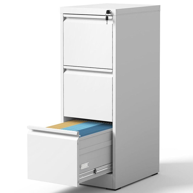 BIZOEIRON 3 Drawer File Cabinet with Lock, Metal Vertical Filing Cabinets for Home Office, Steel Storage Cabinet for Hanging Legal/Letter Size Files, Assembly Required (White)