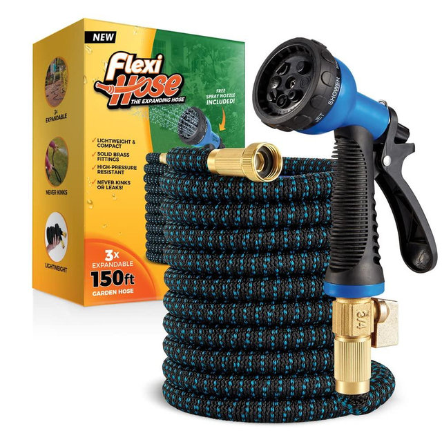 Flexi Hose with 8 Function Nozzle, 150FT - Lightweight Expandable Garden Hose, No-Kink Flexibility, 3/4 Inch Solid Brass Fittings and Double Latex Core