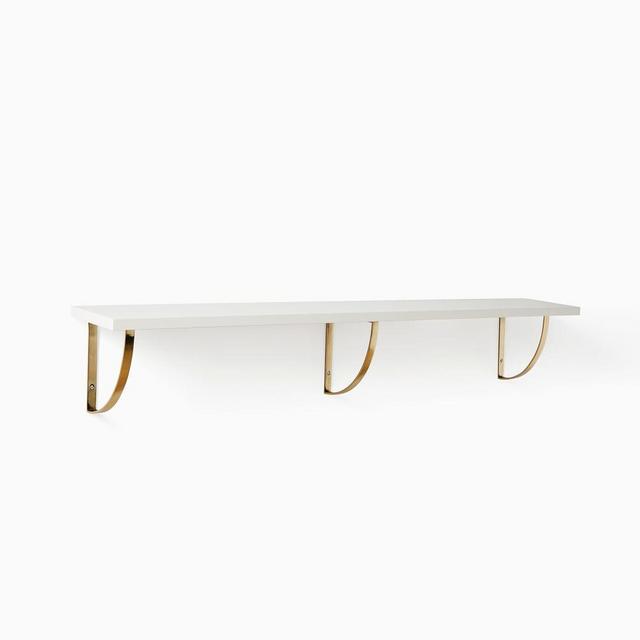 Linear White Lacquer Shelf 4FT, Arch Brackets in Antique Brass