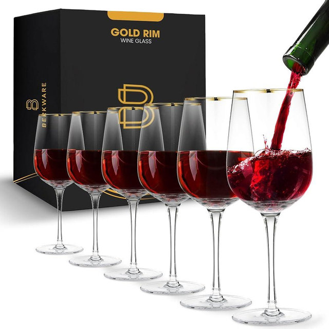 BERKWARE Wine Glass Set of 6 - Long Stem Red Wine Glasses - Elegant Gold Rim Wine Glasses - Premium Wine Glass Set - Crystal Red Wine Glasses for Parties and Special Occasions