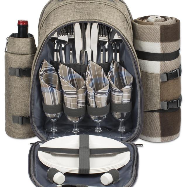 4 Person Picnic Backpack With SOLID Stainless Steel Utensils, Oversized Water Resistent Fleece Blanket , Cooler Compartment, Detachable Wine Bottle Holder in a Modern Designed Backpack