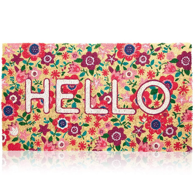 Natural Coir Welcome Mat with Flowers, Floral Hello Doormat (30 x 17 in)