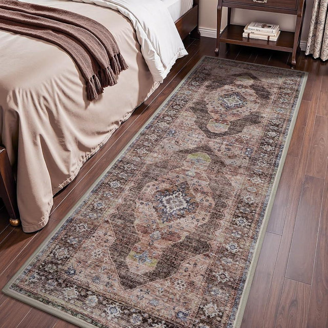 2x6 ft Bedroom Runner Rugs for Hallways Non Slip Hallway Runner Rugs Washable Kitchen Runners Rug Entryway Laundry Room Rug Dresser Runners Long Pink Brown