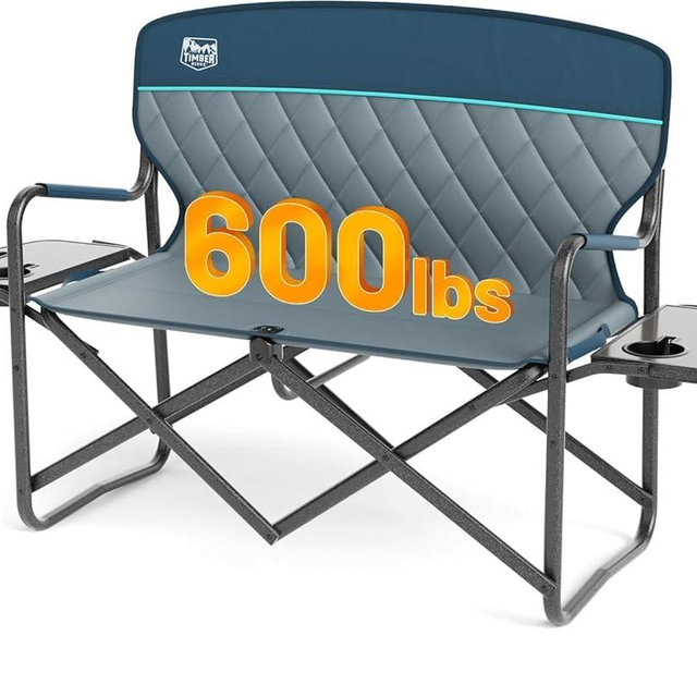 TIMBER RIDGE Double Camping Chair Portable Loveseat, Heavy Duty Folding Camp Couch, 2 person Director Chairs with Cup Holder for Outdoor Lawn Tailgates Picnic Sports Soccer Games Supports 600 lbs Blue