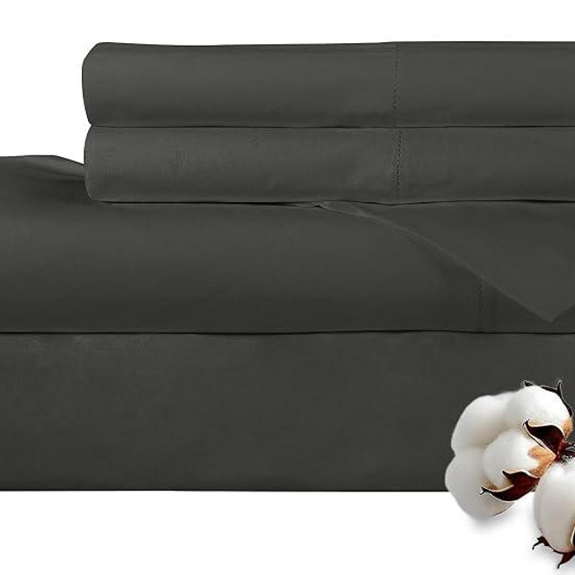 ROYALE LINENS 300 Thread Count 100% Long Staple Combed Cotton Sheet Set - 4 Piece King Bed Sheet 1 Fitted Sheet, 1 Flat Sheet, 2 Pillow Cases - Breathable, Cool & Crisp Percale Sheet Set (King, Black)