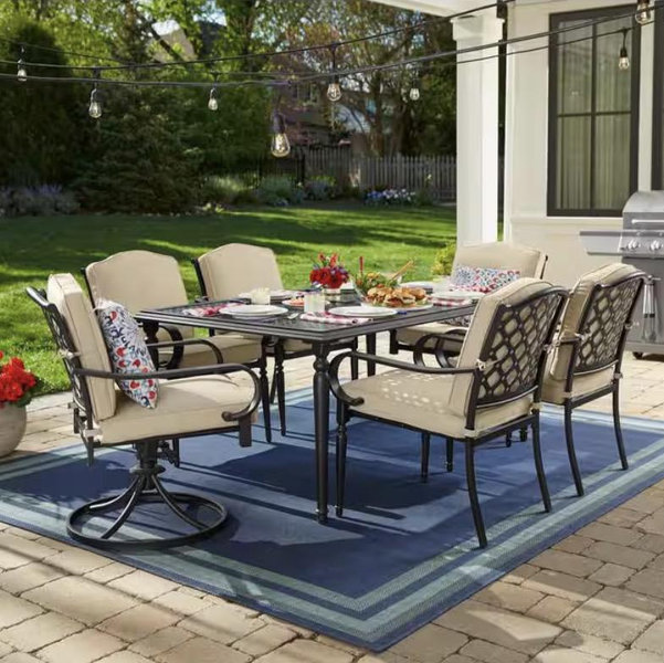 Hampton Bay Laurel Oaks 7-Piece Dark Brown Steel Outdoor Patio Dining Set with CushionGuard Putty Cushions 525.0207.000