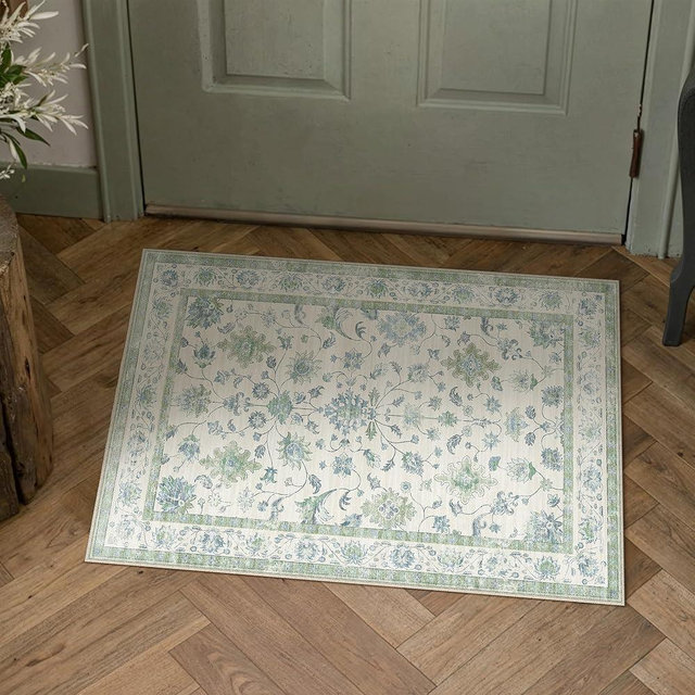 HUGEAR 2x3 Entryway Area Rug Vintage Green Small Rug Machine Washable Door Mat Retro Floral Low Pile Carpet Vacuumable Distressed Throw Rug Entrance Kitchen Bathroom Farmhouse Playroom Non Slip
