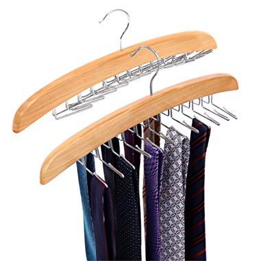 Ohuhu Wooden Tie Hanger Rotating Twirl 24 Ties Organizer Rack Hanger Holder Hook (2-Pack)