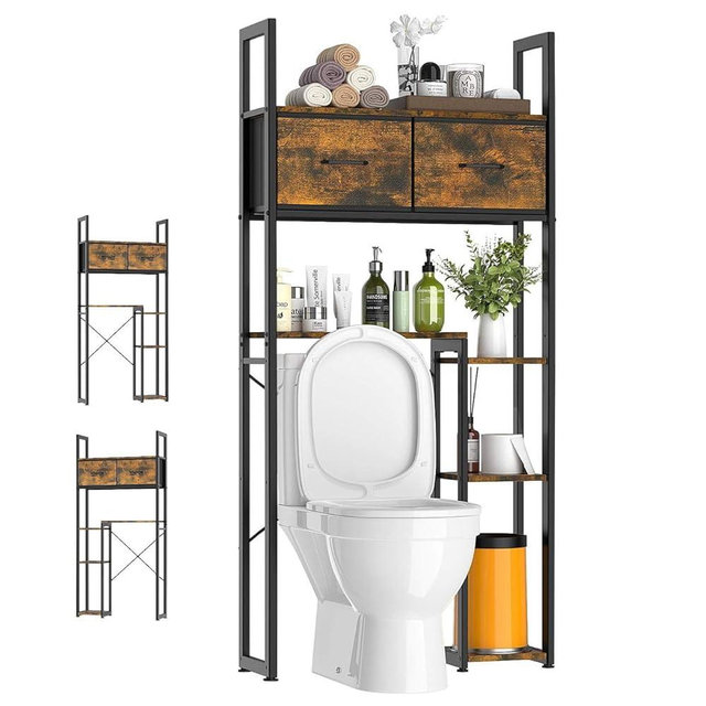 Luxspire Bathroom Over Toilet Storage, 5-Tier Over The Toilet Shelf with 2 Drawers & Adjustable Shelves, Freestanding Space Saver Above Toilet Storage for Bathroom, Brown + Black