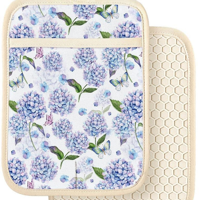 Slohif Silcone Flower Pot Holders for Kitchen - 100% Cotton Beige Blue Cute Oven Potholders with Pockets, Heat Resistant Square Thick Hot Pads, House New Home Baking Baker Gifts,2pack